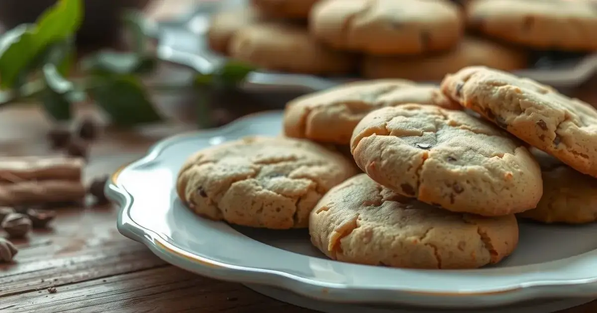 "Plate of Earl Grey cookies with a golden, crumbly texture on a rustic wooden table."