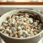 A bowl of freshly made Muddy Buddies, coated in chocolate and powdered sugar.