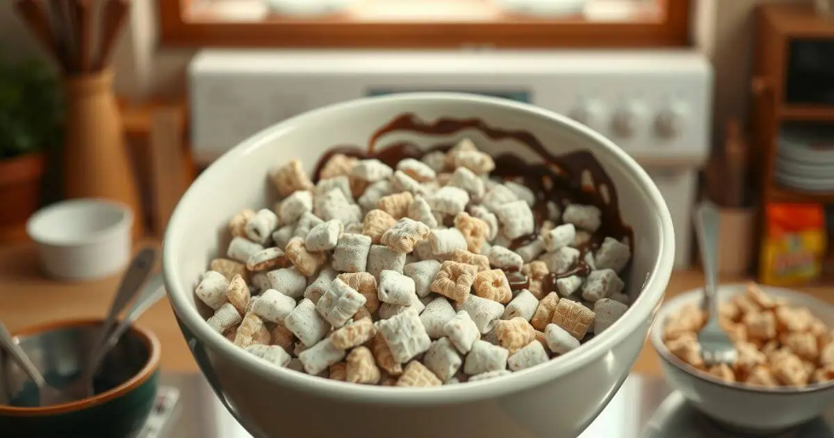 A bowl of freshly made Muddy Buddies, coated in chocolate and powdered sugar.