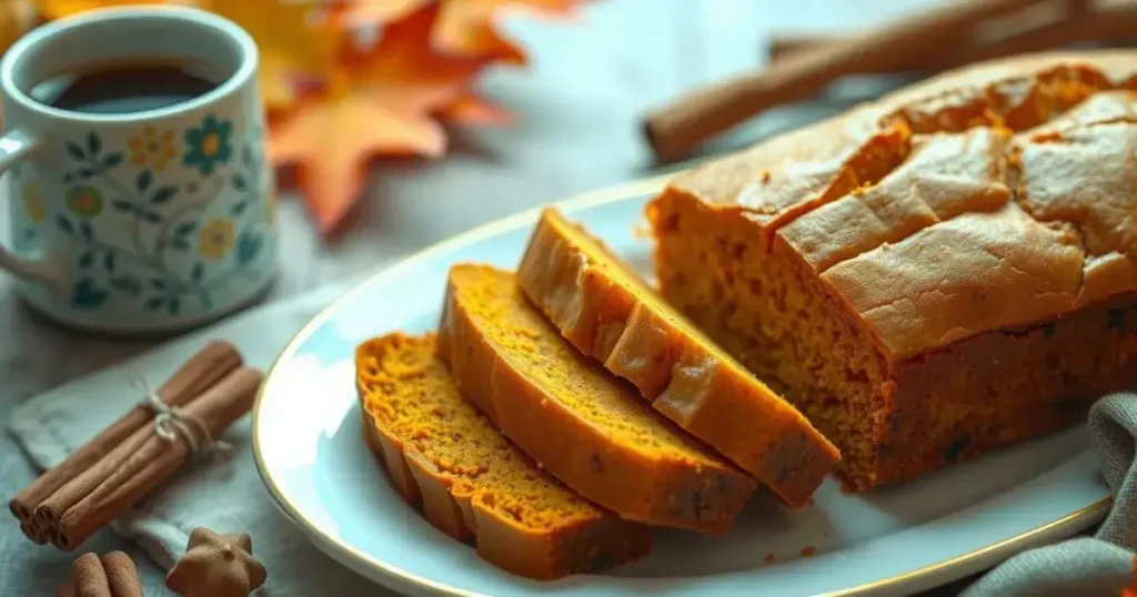 A freshly baked pumpkin banana loaf, sliced and served on a plate, with a cup of coffee and cinnamon sticks in the background.