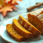 A freshly baked pumpkin banana loaf, sliced and served on a plate, with a cup of coffee and cinnamon sticks in the background.