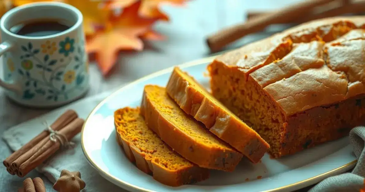 A freshly baked pumpkin banana loaf, sliced and served on a plate, with a cup of coffee and cinnamon sticks in the background.